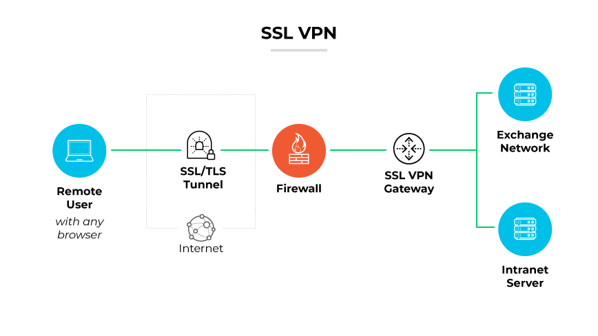SSL VPN，远程用户通过 SSL/TLS 隧道连接，通过防火墙到 SSL VPN 网关，链接到服务器。
