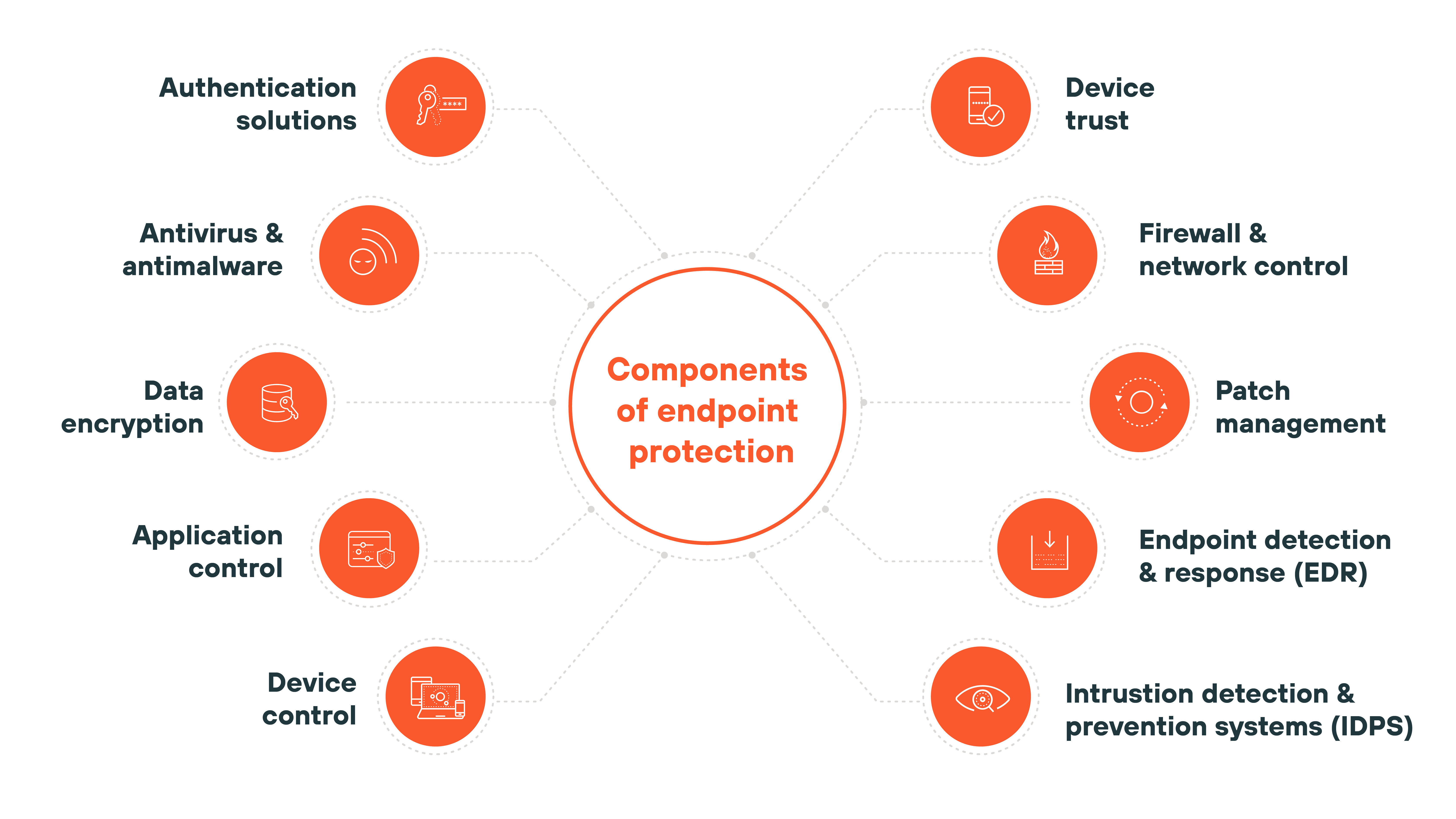 Image showing the components of endpoint protection arranged around a central circle labeled Components of endpoint protection. The components include authentication solutions, antivirus and antimalware, data encryption, application control, device control, device trust, firewall and network control, patch management, endpoint detection and response (EDR), and intrusion detection & prevention systems (IDPS).